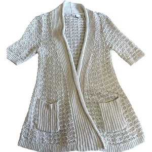 MOTH Anthropologie Open Front Short Sleeve Long Crochet Cardigan Pockets Large - Picture 1 of 12