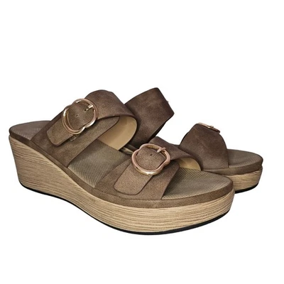 PATRIZIA Women's Size 7 Shaniho Slide Sandal Wedges Brown with Gold Buckle New - Image 1 of 4