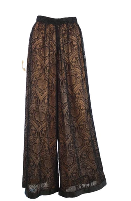 Vintage Designer Wide Leg Evening Trousers Flocked Lace Black Nude Lined 1980s - Image 1 of 4