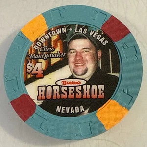 BINION'S HORSESHOE CHRIS MONEYMAKER $4 CASINO CHIP LAS VEGAS NEVADA - Picture 1 of 3