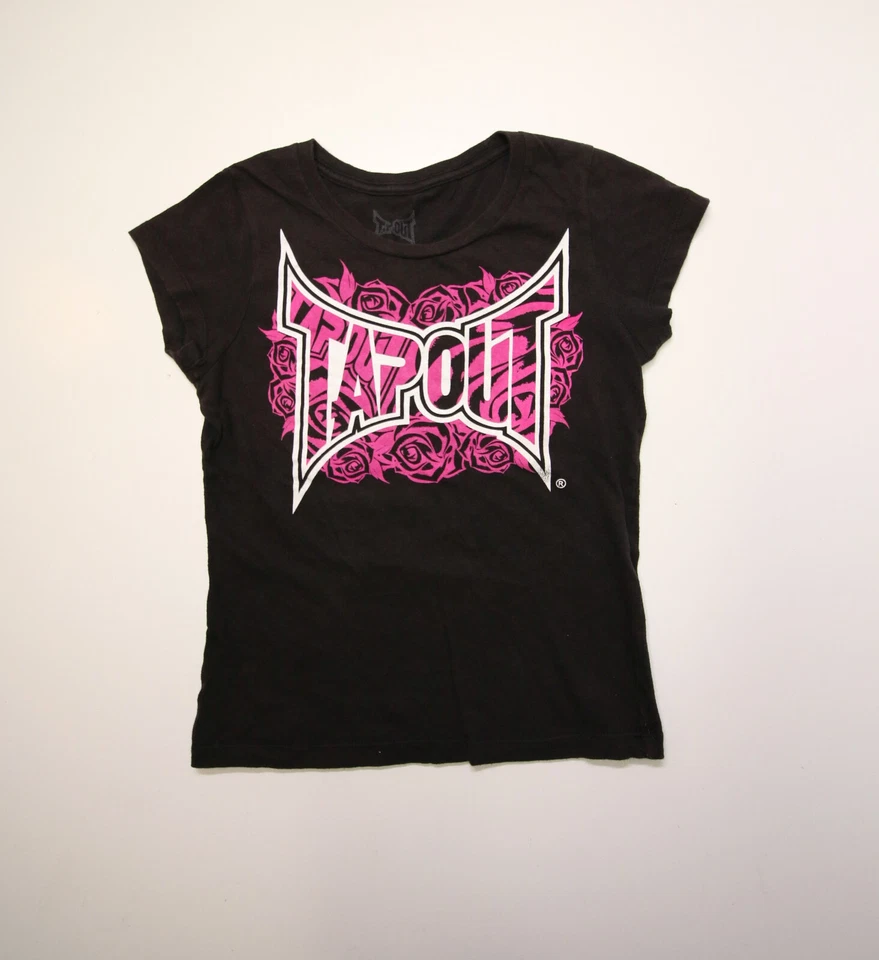 Vintage Tapout Womens Babydoll Cap Sleeve T-Shirt L Black Pink Roses Y2K MMA - Image 1 of 4