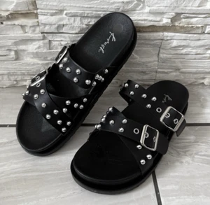 Ladies Sandals Double Buckle Strap Womens Flat Chunky Sole Sliders Shoes Wide - Picture 1 of 7