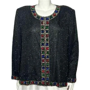 Vintage Laurence Kazar Poinsettia Sequin Silk Evening Jacket. - Picture 1 of 6