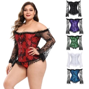 Victorian Off Shoulder Long Sleeves Burlesque Corset Top Basque Cincher Bustier - Bild 1 von 36