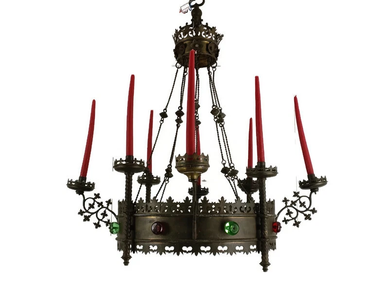 большой готический замок люстра латуни красный зеленый ручки свечи старинный 19 века - Изображение 1 из 4