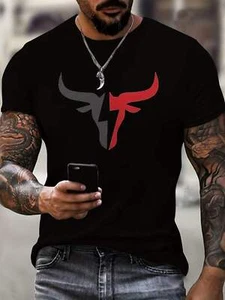 Men's Bull Pattern Printed T-shirt, Casual Short Sleeve Round Neck T-shirt, Summ - Picture 1 of 7