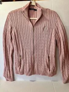 Lauren Ralph Lauren Pullover rosa Zopfmuster Reißverschluss Baumwolle Herbst klassisch L - Bild 1 von 7