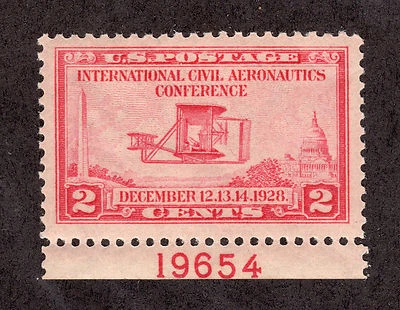 US # 649 (1928) 2c-MNH Grade:XF - Plate # single EFO: w/ghost plate # on back - Image 1 of 3