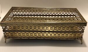 Vintage MCM Gold Tone Brass Tissue Box Filigree Holder Ornate Hollywood Regency
