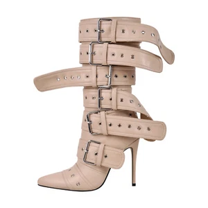 Women's 2023 Fashion Pointy Toe Buckle Straps High Heel Mid Calf Boots Stilettos - Picture 1 of 36