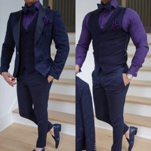 Druck Herren Anzug Party Marineblau 3 Teile Abschlussball Formell Abend Jacke Mantel Weste - Bild 1 von 8