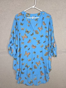 Tunika Top mit Schmetterlingsmuster 22 24 W Cato türkis blau Rollriegel Bluse - Bild 1 von 11