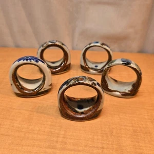 Set of 5 Mexican Tonala Ceramic Folk Art Napkin Rings Glazed 2" - Picture 1 of 5