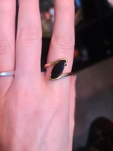 18K Yellow Gold Plated Marquise Shaped Natural Black Onyx Bypass Ring Size 8 - Picture 1 of 10