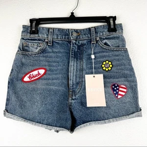 REVICE Denim Patch Jean Shorts High Rise Cut Off Raw Hem Size 26 NEW - Picture 1 of 7