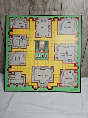 Parker Brothers CLUE Juego SOLO TABLERO, con fecha 1949, borde verde, habitaciones grises, de colección Foto 1 de 4