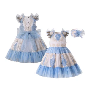 Princess Girls Flower Dress & Embroidery Sleeveless Summer Ceremony Dresses Blue - Picture 1 of 12