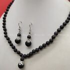 Delicate 6/10mm Black Lava Rock Round Gem Beads Pendant Necklace Earring 20 Inch