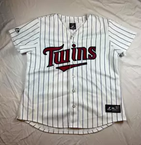 Womens Majestic Twins Size L Pinstripe White Button Embroidered Home Jersey - Picture 1 of 20