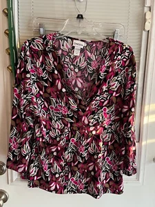 Chicos Top V-Neck Black Pink Floral 3/4 Sleeve Flowy Barely Worn Sz 3 (XL) - Picture 1 of 5