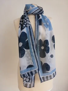 Frank Walder Vintage Scarf - 68"x18" Blue and White Floral 1980s - Picture 1 of 7