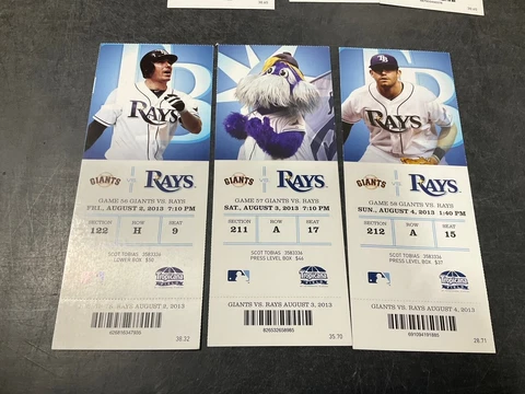 TAMPA BAY RAYS 2013 TICKET STUB 8/2/13-8/3/13-8/4/13 VS GIANTS Cover