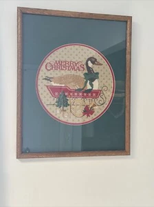 Vintage Needlepoint Christmas Wreath Complete Framed Merry Christmas art 21x17 - Picture 1 of 12