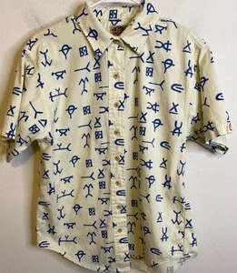 Vintage BARNFLY Button Short Sleeve Shirt Logo All Over Western Cowboy USA Sz M - Picture 1 of 4