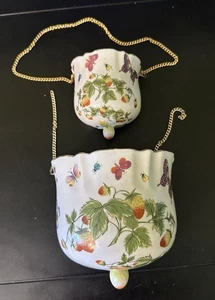 Juego de 2 jarrones colgantes vintage ARDALT fresa mariposa porcelana maceta - Imagen 1 de 20