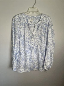 J Jill Love Linen Women's M Blue Floral Pleat Long Sleeve Popover Tunic B79 - Picture 1 of 15
