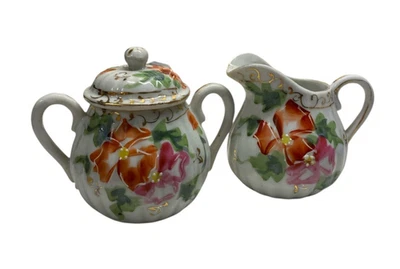 Vintage Made in Japan SUGAR & COVERED CREAMER SET Flowers Hand Painted Gold Trim - Image 1 of 4