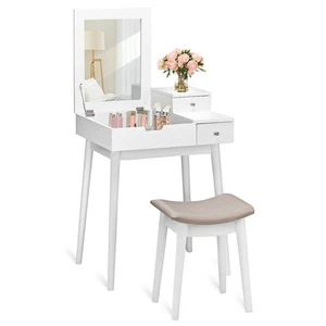 Schminktisch Schminktisch Set Schlafzimmer Set Flip Top Spiegel Schreibtisch & Hocker mit 2 Schubladen - Bild 1 von 8