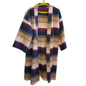 Vintage Womens Longline Open Front Cardigan Striped Fuzzy OSFM Blue Magenta - Picture 1 of 8