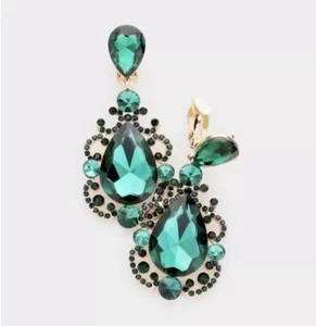 Clip On Green Earrings Large Gold Long Big Rhinestone Crystal Pageant Dangle - Picture 1 of 2
