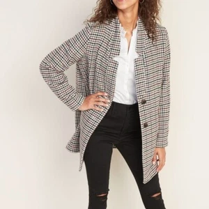Textured Houndstooth Car Coat Womens XL 2 Button Oversized Blazer Preppy - Picture 1 of 13