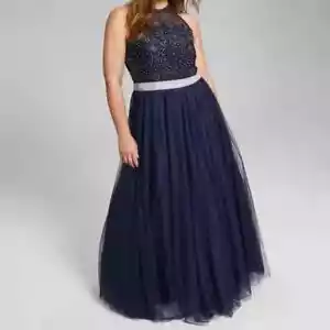 CITY STUDIO Womens Navy Halter Full Length Lined jeweled Formal Dress Gown 20W - Picture 1 of 16