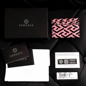 NEW $350 VERSACE Candy Pink & Black LA GRECA & Leather Credit CARD CASE WALLET - Picture 1 of 10