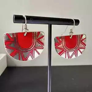 Laurel Burch “OSAI” SHIELDS Earrings 14K hook PIERCED Red & Gold Cloisonne VTG - Picture 1 of 8