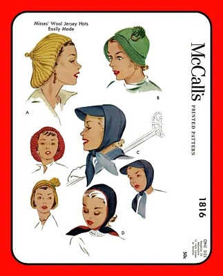Misses WOOL Jersey HAT Pattern Beret CAP McCall's 1816 Vtg 1953 Sizes 21.5-22.5 - Image 1 of 4