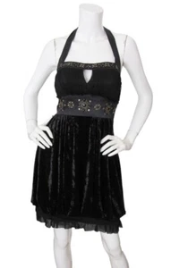 Vintage 90s Sue Wong Nocturne Black Silk Velvet Beaded Bubble Hem Halter Dress 4 - Picture 1 of 6