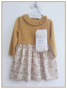Abito e collant floreali per bambine 2 pz outfit senape e cotone marrone foderato NUOVO - Foto 1 di 10