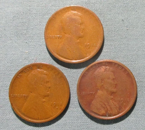 1918 P, 1918-D and 1918-S Lincoln Penny - CIRCULATED (3) U.S. 1 Cent coins PDS Cover