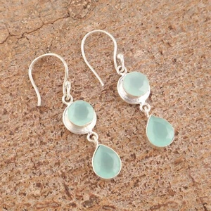 Pendientes de boda colgantes de plata 925 natural aguamarina calcedonia aniversario madre - Imagen 1 de 6