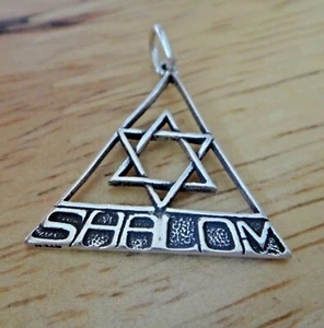 Ciondolo argento sterling 22 mm triangolo stella di David dice Shalom ebraico e inglese - Foto 1 di 7