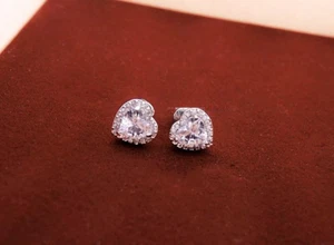 3Ct Heart Cut Lab-Created Moissanite Love Halo Stud Earring White Gold Plated - Picture 1 of 5