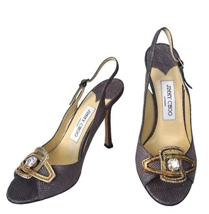 JIMMY CHOO 37 Rhinestone and Crystal Embellished Gray Glitter Peep Slingbacks - Picture 1 of 5