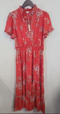 Nuevo con etiquetas Maxi Vestido Max Studio Rojo Manga Acampanada Cuello en V Nivel Para Mujer Talla XL Foto 1 de 4