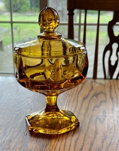 Viking Glass Amber Gold Column Ribbed Covered Lidded Compote Dish Candy - Picture 1 of 23