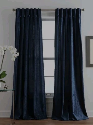 2-DKNY-VELVET Chenille-inverted  PLEATED-navy Blue Indigo - 108" CURTAINS Panels - Image 1 of 4