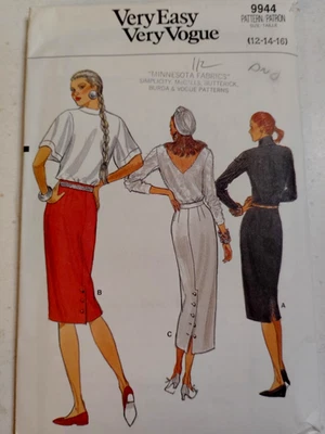 Vogue 9944 Skirt Slim Straight Sewing Pattern Ladies 12 Very Easy VTG Cut Button - Image 1 of 4